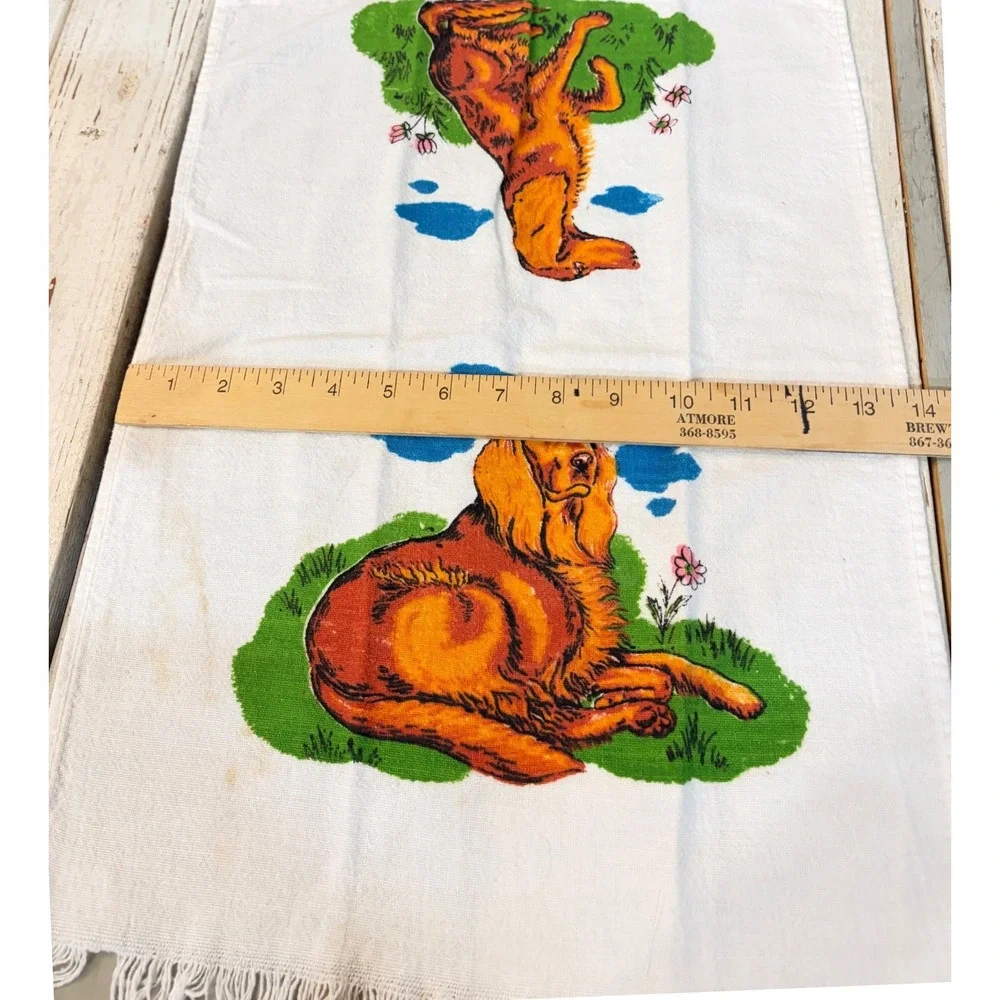 Vintage Golden Retriever Irish Setter Dog Tea Towel Fringed White Kitchen Linen